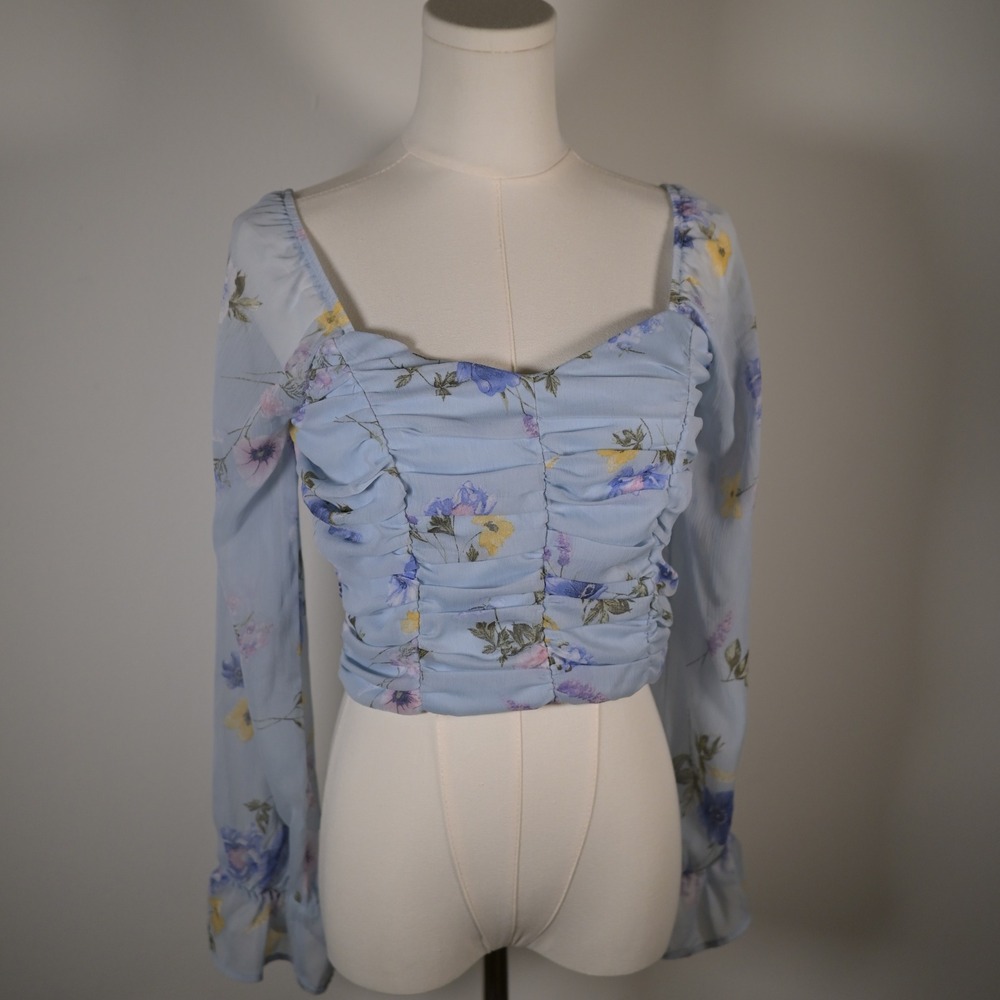 Blashe Light Blue Floral Ruched Crop Top Sheer Long Sleeve Sweetheart BT02480 M